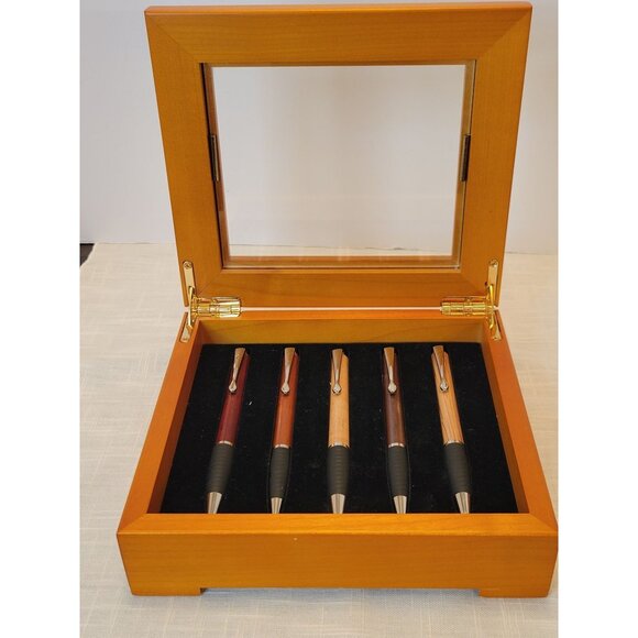 Luxury Wood Pen Set With Glass Display Case 5 Pens Variety Of Wood Finishes